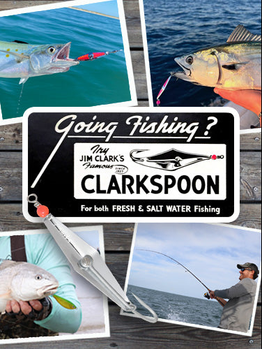 Clarkspoon original logo with multiple photos of fish caught with Clarkspoons