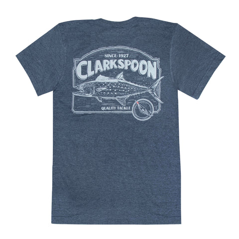 Blue t-shirt with Clarkspoon fishing lure and Spanish mackerel graphic on the back