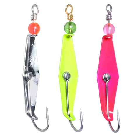Three colorful fishing lures on a white background with saltwater hooks