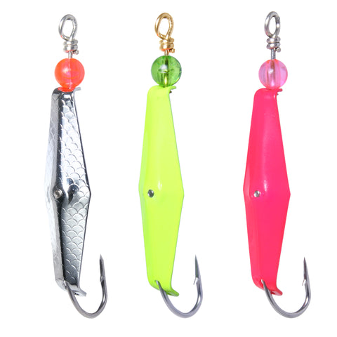 Three colorful fishing lures on a white background