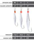 Rigged Clarkspoons with size, blade length, weight, and hook size labels on a white background.