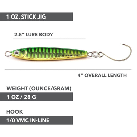 Stick Jig with In-Line Single Hook - Green/Chartreuse - 2 Sizes - Clarkspoon Fishing Lures