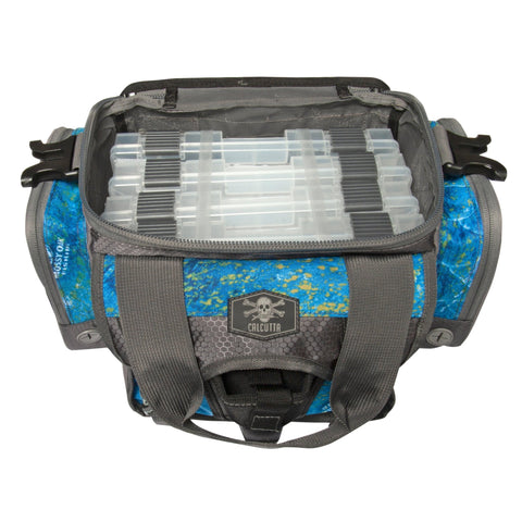 Calcutta tackle bag with tackle boxes open