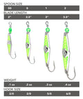 Chartreuse fishing spoons with measurement chart on a white background