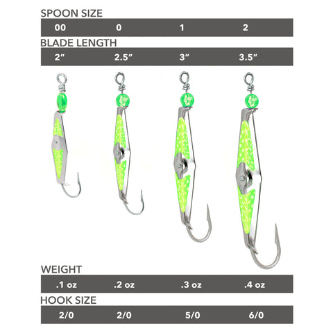 Chartreuse fishing spoons with measurement chart on a white background