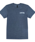Blue t-shirt with Clarkspoon logo on a white background