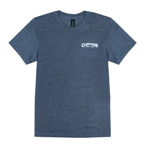 Blue t-shirt with Clarkspoon logo on a white background