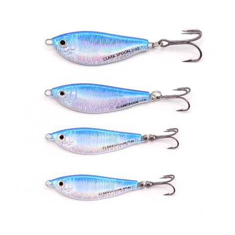 Blue and silver shad jig lures in four sizes