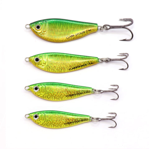 Green and chartreuse shad jig lures in four sizes