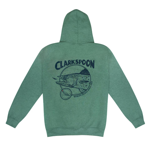 Green hoodie with Clarkspoon Spanish mackerel on a white background