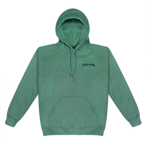 Green hoodie with Clarkspoon logo on a white background
