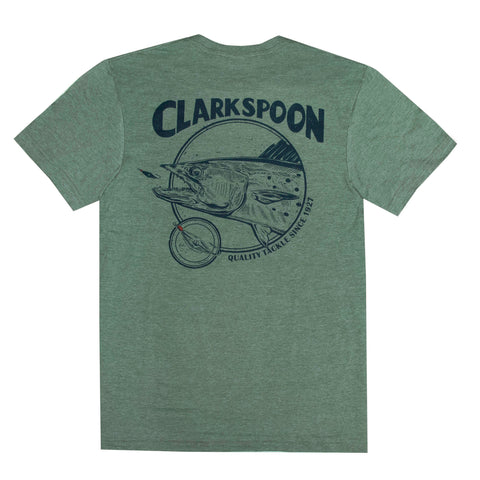 Green t-shirt with Clarkspoon logo and fish design on a white background