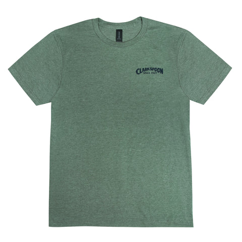 Green t-shirt with a Clarkspoon logo on a white background