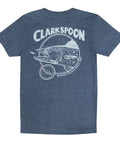 Blue t-shirt with Clarkspoon logo and fish design on a white background