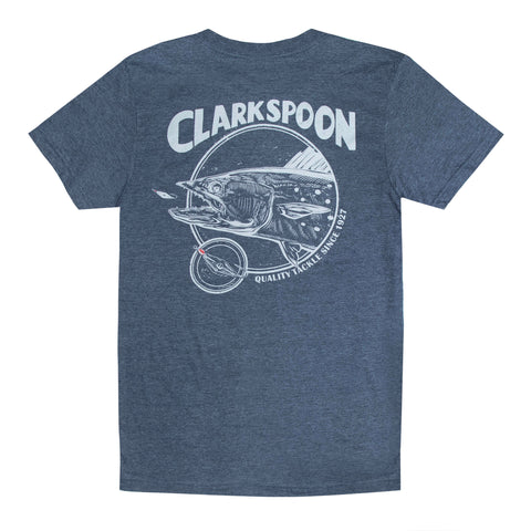 Blue t-shirt with Clarkspoon logo and fish design on a white background