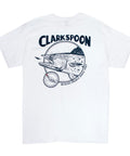 White t-shirt with Clarkspoon graphic design on a white background