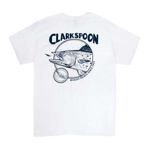 White t-shirt with Clarkspoon graphic design on a white background
