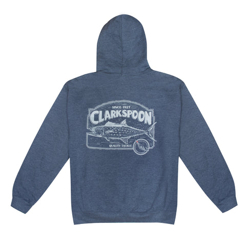 Blue hoodie with Clarkspoon Spanish mackerel on a white background
