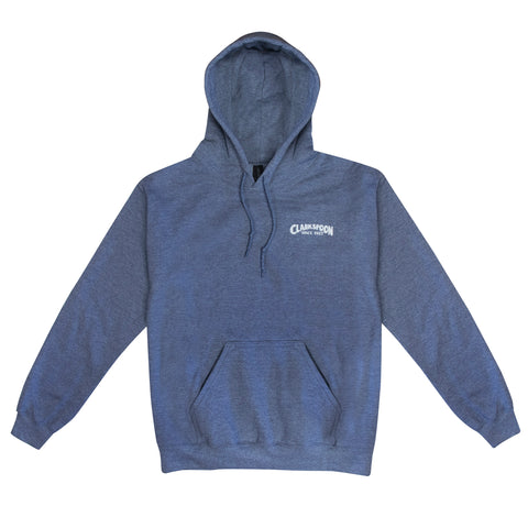 Blue hoodie with Clarkspoon logo on a white background