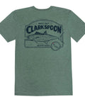 Green t-shirt with Clarkspoon fishing graphic on a white background