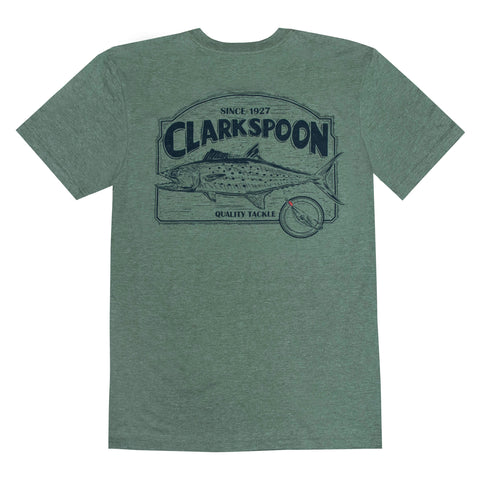 Green t-shirt with Clarkspoon fishing graphic on a white background