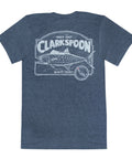 Blue t-shirt with Clarkspoon fishing lure and Spanish mackerel graphic on the back