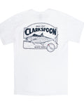 White t-shirt with Clarkspoon logo and Spanish mackerel on a white background
