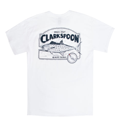 White t-shirt with Clarkspoon logo and Spanish mackerel on a white background