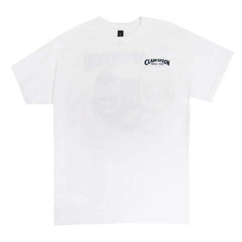 White t-shirt with Clarkspoon logo on a white background