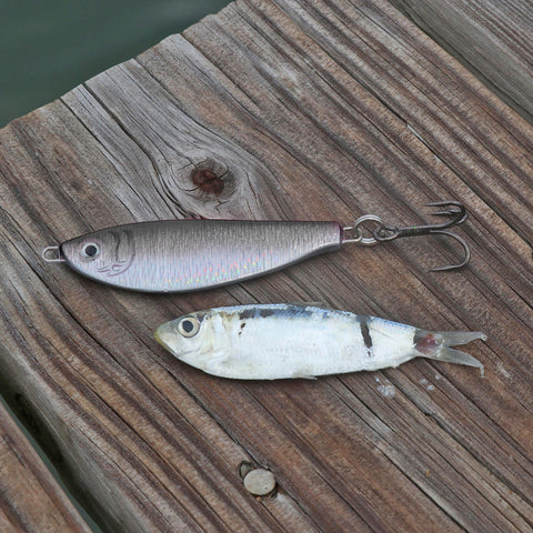 Clarkspoon shad jig next to real bait fish