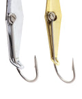 Two fishing hooks, one silver and one gold, on a white background