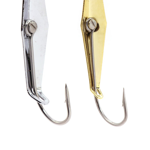 Two fishing hooks, one silver and one gold, on a white background