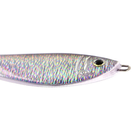 Black and silver holographic shad jig lure on a white background