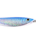 Blue and silver holographic shad jig lure on a white background