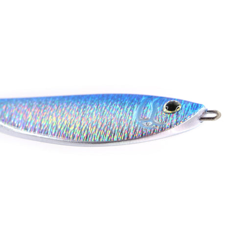 Blue and silver holographic shad jig lure on a white background