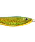 Green and chartreuse holographic shad jig lure on a white background