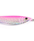 Pink and silver holographic shad jig lure on a white background