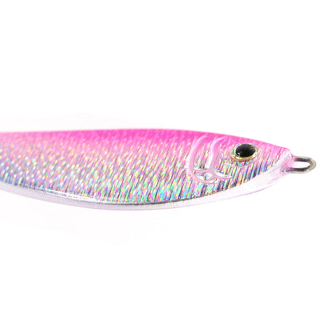 Pink and silver holographic shad jig lure on a white background